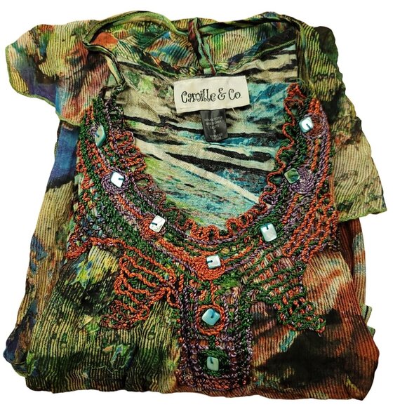 Camille & Co Womens M Printed Art to Wear Dress Lagenlook Crochet Accent - Picture 7 of 9